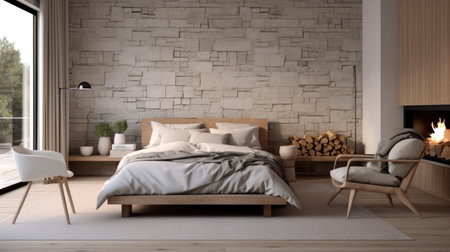Bedroom decor, home interior design . Scandinavian Rustic style with Fireplace decorated with Wood and Stone material . Generative AI AIG26.の素材