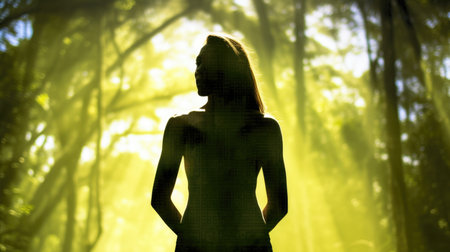 Woman in Yoga Full Body Backlit Pose in the Forrest. Generative AI image weber.の素材