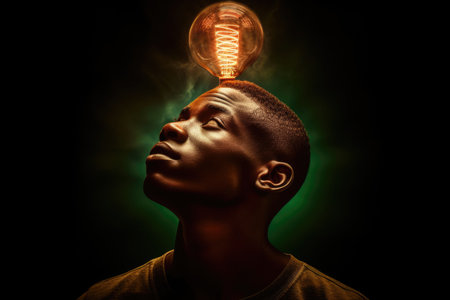 bright light bulb floating above of young african mans head. beautiful Generative AI AIG32の素材
