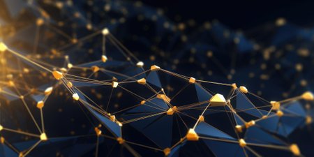 3D network connections with plexus design blue and gold color background wallpaper. Generative AI image weber.の素材