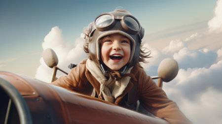 Aviator Girl, excited, flying above clouds in the sky. Generative AI image weber.の素材
