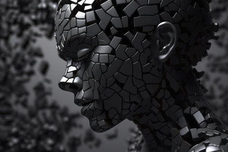 A woman made of dark grey puzzle pieces with some are missing, Generative AI AIG27.の素材