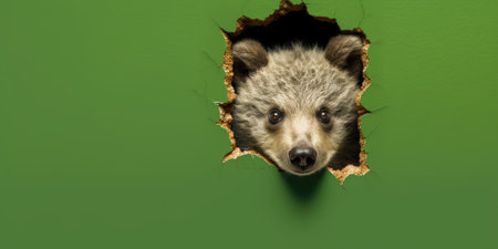 Cute Bear peeking out of a hole in wall, torn hole, empty copy space frame, mockup. Generative AI image weber.の素材