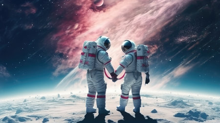 Astronaut couple holding each others hands on space sky background, imagination of love passion fantasy. Generative AI image weber.の素材