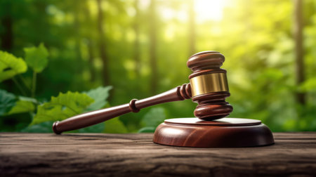 A gavel on a table top with green forest in blur background. beautiful Generative AI AIG32の素材