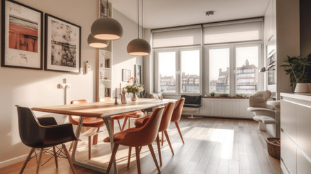 Modern apartment with living room and kitchen with dining table in one space. Generative AI AIG27.の素材