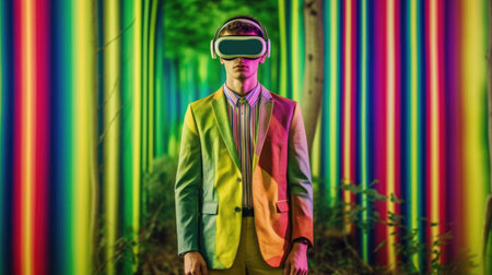 Young male model wearing VR posing with trendy man fashion outfit and colorful red optical art abstract background. Picturesque generative AIの素材