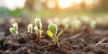 Springtime cotton field with fresh, green sprouts in soft focus. beautiful Generative AI AIG32の素材