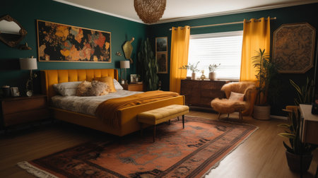 Bedroom decor, home interior design . Mid-Century Modern Bohemian style with Accent Wall decorated with Wood and Textile material . Generative AI AIG26.の素材