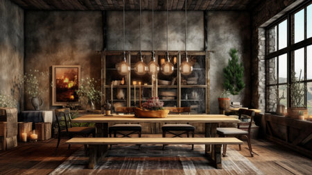 Interior design inspiration of Rustic Industrial style home dining room loveliness decorated with Stone and Wood material and Fireplace .Generative AI home interior design .の素材