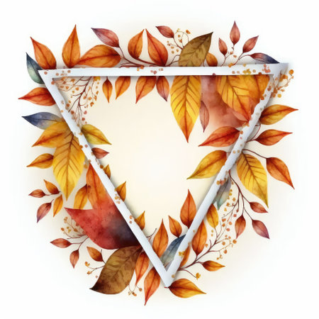 Triangle or diamond frame with autumn leaves watercolor painted isolated on white background. Theme of vintage minimal art design in geometric. Finest generative AI.の素材