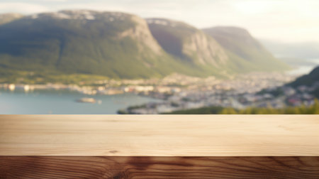 The empty wooden brown table top with blur background of Norway in summer. Exuberant image.の写真素材