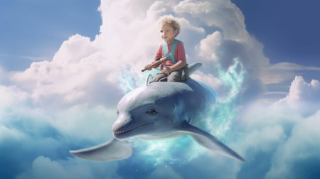 A happy little boy riding on a dolphin through clouds and rainbow. Generative AI AIG27.の素材