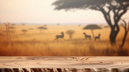 The empty wooden brown table top with blur background of Savanna Safari. Exuberant image.の写真素材