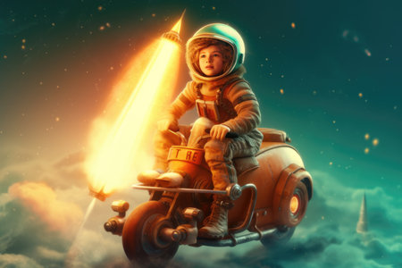 kid in spacesuit helmet riding on a rocket. beautiful Generative AI AIG32の素材