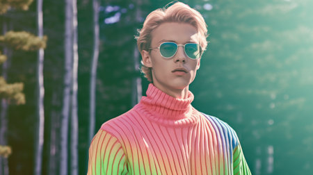 Young male model posing with trendy man fashion outfit in colorful rainbow in forest background. Picturesque generative AIの素材