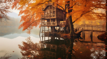 The exterior design of lakeside treehouse in autumn. Generative AI AIG30.の素材