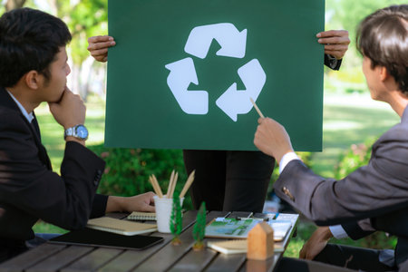 Group of businesspeople meeting at outdoor office in the nature planning and brainstorming on recycle strategy for greener environment by reducing and reusing recyclable waste. Gyreの写真素材