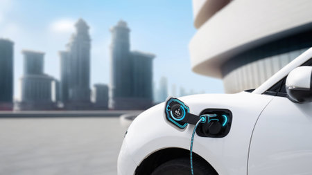 Electric car plug in with charging station to recharge battery display smart digital battery status hologram by EV charger cable on cityscape background. Future innovative energy sustainability.Peruseの写真素材