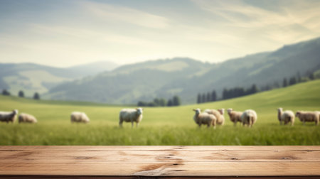 The empty wooden brown table top with blur background of sheep pasture. Exuberant image.の写真素材