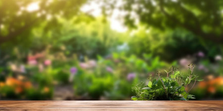The empty wooden table top with blur background of garden. Generative AI AIG30.の素材