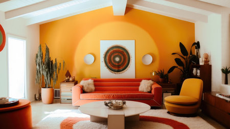 Bright and minimalist 70s interior design of orange toned living room with triangle ceiling. Generative AI AIG27.の素材