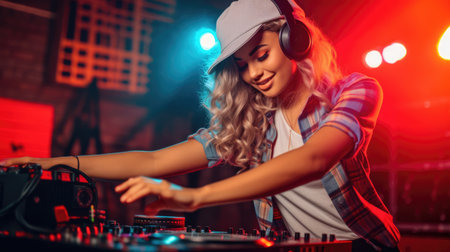 A happy DJ woman wearing a plaid shirt and hat is having fun playing music at a club party. Generative AI AIG30.の素材
