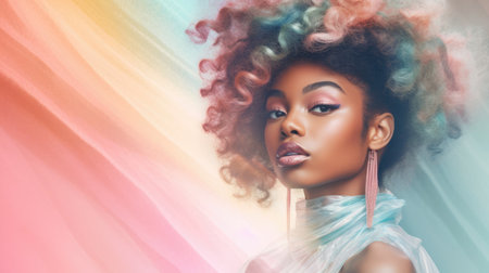 Pink pastel trendy fashion outfit with beautiful african female model, colorful dyed hair and fashionable teenager girl. Picturesque generative AIの素材