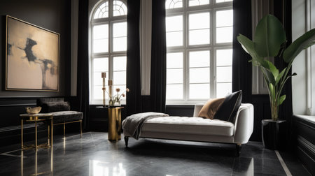Living room decor, home interior design . Art Deco Contemporary style with Large Window decorated with Velvet and Marble material . Generative AI AIG26.の素材