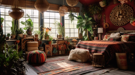 Bedroom decor, home interior design . Bohemian Eclectic style with Tapestry decorated with Rattan and Textile material . Generative AI AIG26.の素材