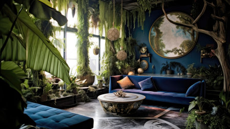 Interior design of living room with luxurious, lush, and mystical style. Generative AI AIG27.の素材