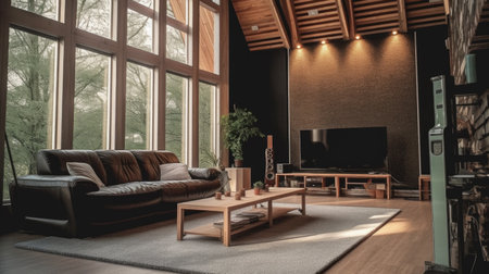 Nordic living room with high ceiling in the wooden house with a view of leafless trees. Generative AI AIG27.の素材