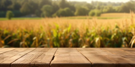 The empty wooden brown table top with blur background of corn field. Exuberant image.の写真素材