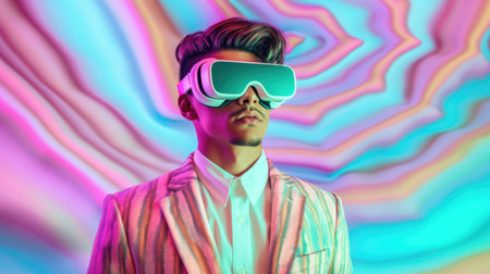 Young male model wearing VR posing with trendy fashion outfit and colorful pastel optical art abstract background. Picturesque generative AIの素材
