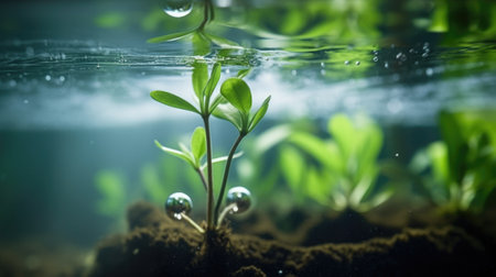 half underwater split, macro photography, stream of fresh water, young green plant, outdoor springtime. beautiful Generative AI AIG32の素材