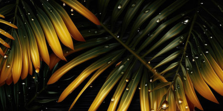 Dark Gold palm leaves dramatic photo effect background, realism, realistic, hyper realistic. Generative AI image weber.の素材