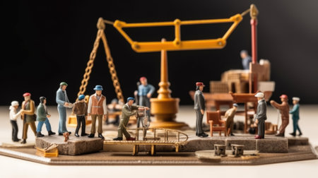 A scale of justice on a table top with workers working in construction site in law concept. beautiful Generative AI AIG32の素材