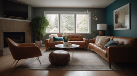 Living room decor, home interior design . Mid-century modern Scandinavian style with Fireplace decorated with Leather and Wood material . Generative AI AIG26.の素材