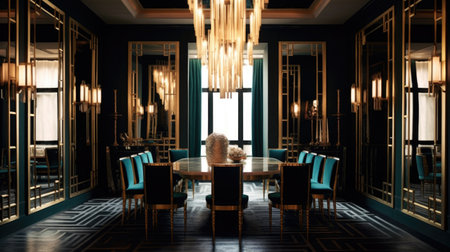 Interior design inspiration of Art Deco Glamorous style home dining room loveliness decorated with Velvet and Gold material and Mirrored Wall .Generative AI home interior design .の素材