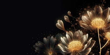 Beautiful abstract black and gold luxury night photo floral design background banner. beautiful Generative AI AIG32の素材