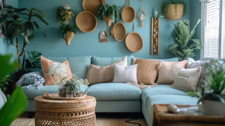 Living room decor, home interior design . Coastal Bohemian style with Ocean View decorated with Rattan and Linen material . Generative AI AIG26.の素材