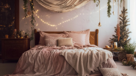 Interior design of a cozy bedroom with wooden furniture in a Christmas theme. Generative AI AIG27.の素材