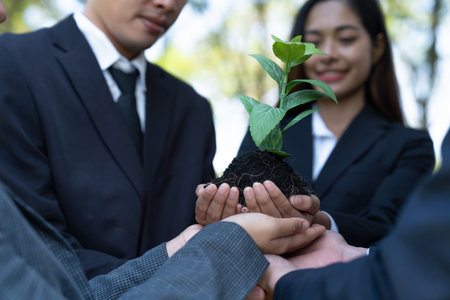 Business people hold plant together in unity and teamwork concept of eco company committed to corporate social responsible, reducing CO2 emission, embrace ESG principle for sustainable future. Gyreの写真素材