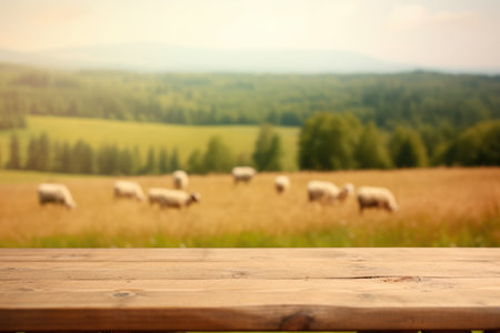 The empty wooden brown table top with blur background of sheep pasture. Exuberant image.の写真素材