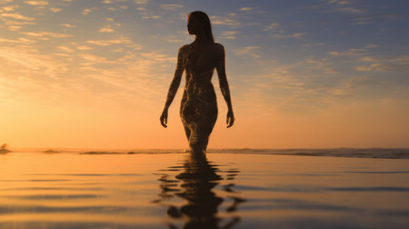 Woman in Yoga Full Body Backlit Pose in the breath taking Ocean. Generative AI image weber.の素材