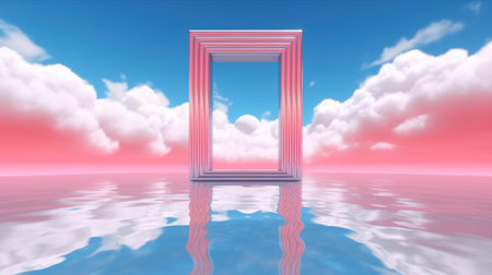 3d rendered Abstract aesthetic background. Surreal fantasy landscape. Water, pink desert, neon square shape chrome metallic gate under the blue sky with white clouds. Virtual reality wallpaperの素材