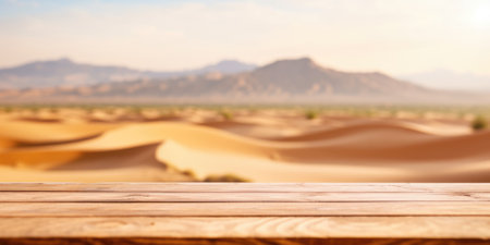 The empty wooden brown table top with blur background of desert dune mountain. Exuberant image.の写真素材