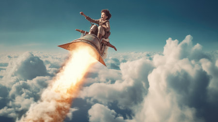 A boy, excited, flying the rocket above clouds in the sky. Generative AI image weber.の素材