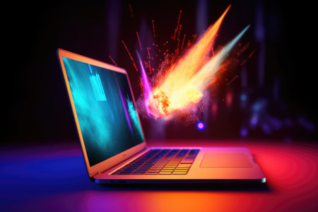 Rocket coming out of laptop screen neon light. beautiful Generative AI AIG32の素材
