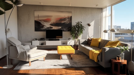 A stylish modern living room interior design with vivid and warm tone colors in the apartment. Generative AI AIG27.の素材